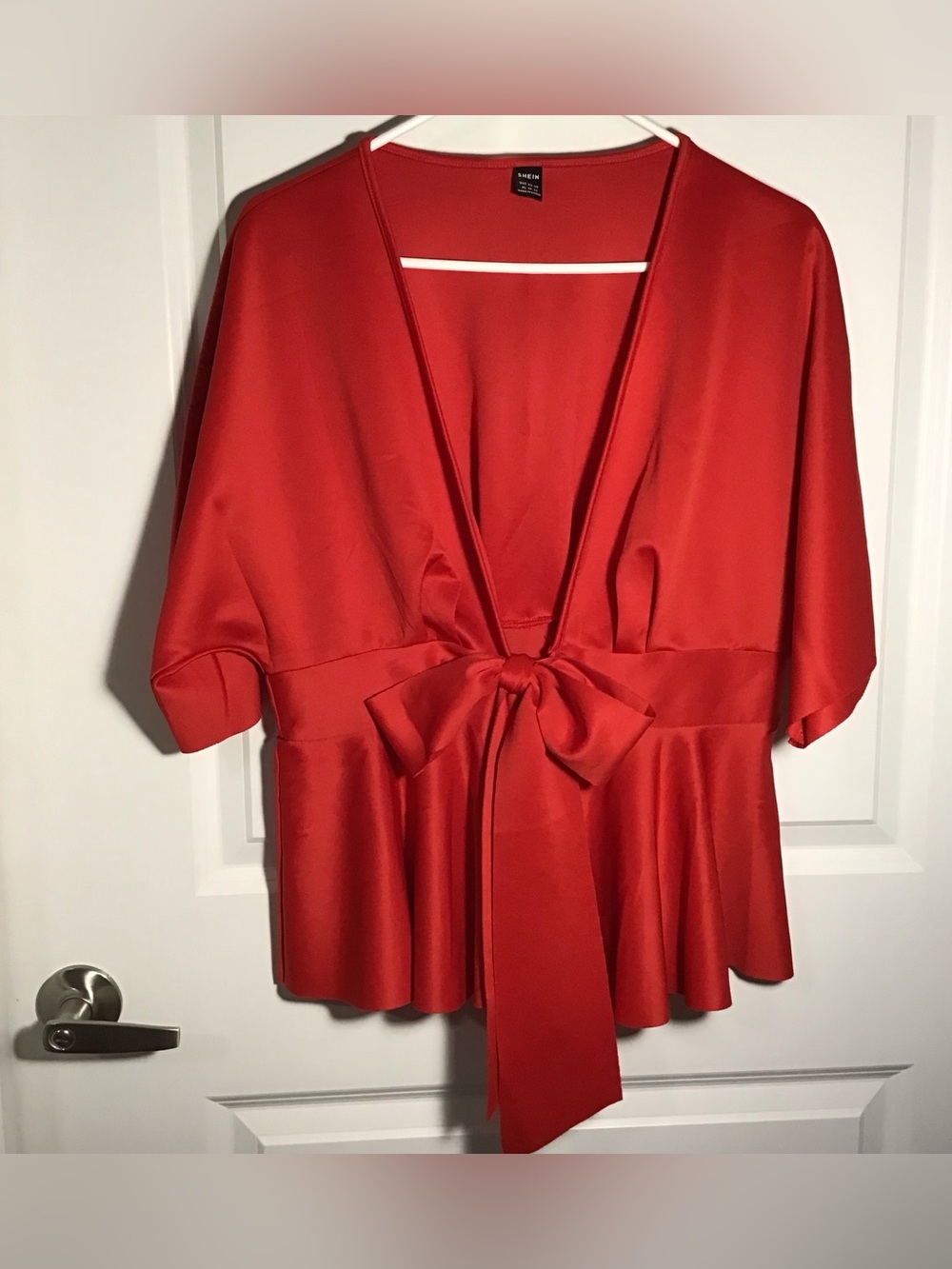 SHEIN Red Satin Tie-Waist Peplum Blouse XL